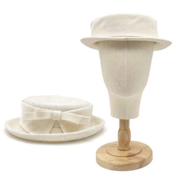 Vintage 1950s Cream Straw Sailor Hat Antique Ivory Boater Skimmer W Bow Detail - Picture 1 of 11